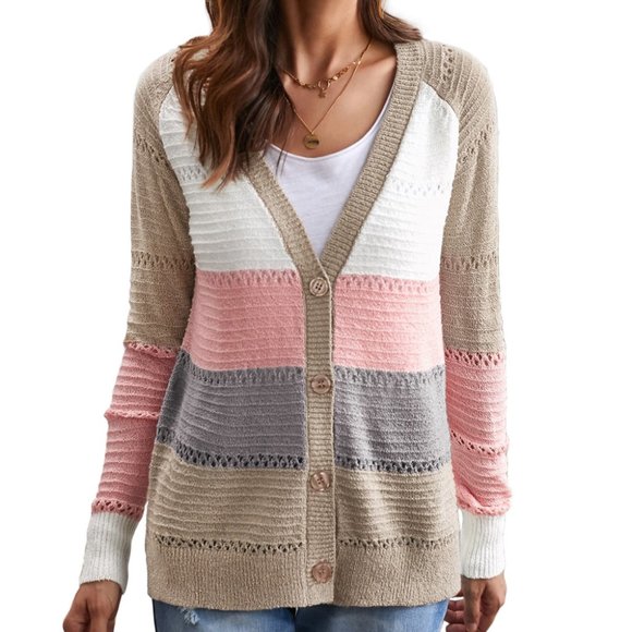 Multicolor V-neck Color Block Button Closure Eyelet Cardigan - Picture 5 of 8